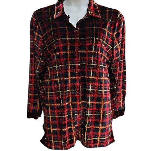 Denim&Co Plaid Velvet Button Up Blouse Top Stretch Plus Sz 1X Holiday Christmas - Picture 1 of 12